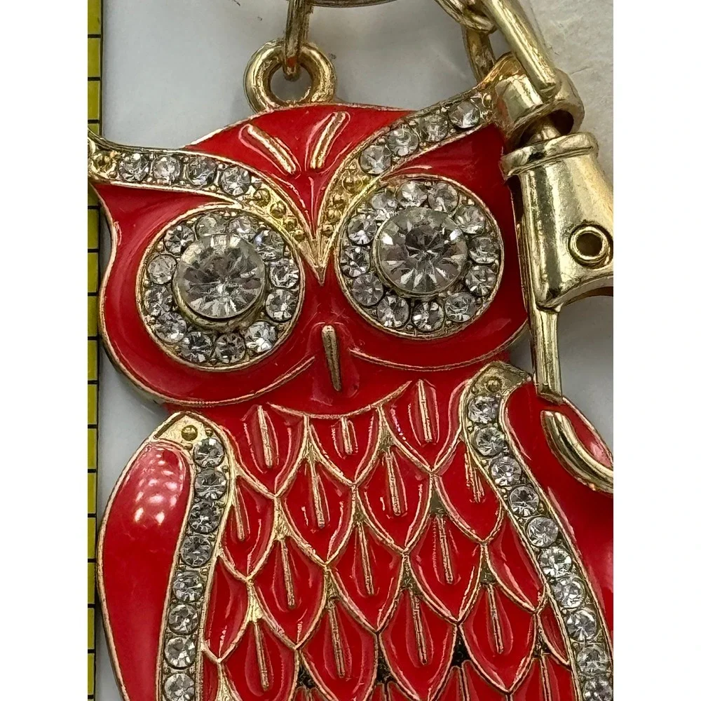 Orange Red Enamel Owl Keychain Gold Tone Rhinestone Eye‎ Bag Charm